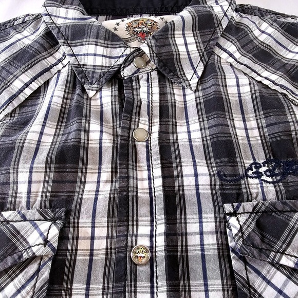 Ed Hardy Plaid Western Shirt Long Sleeve Mens Embroidered Snap Button L - Picture 10 of 16
